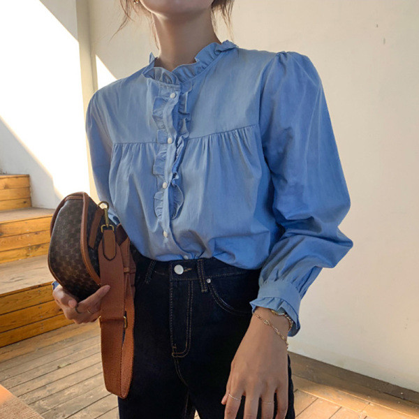 Cămașă elegantă de damă, cu decolteu rotund, în albastru