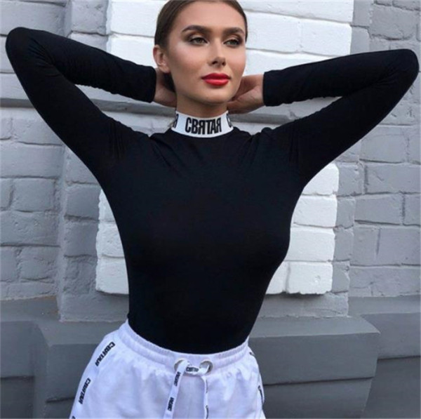 Дамско боди с висока яка и дълъг ръкав в черен цвят