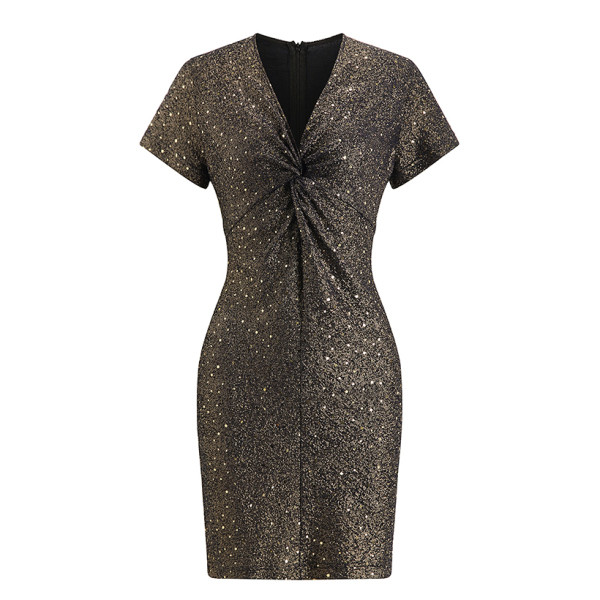 Къса вталена рокля с лъскав ефект и V-образно деколте