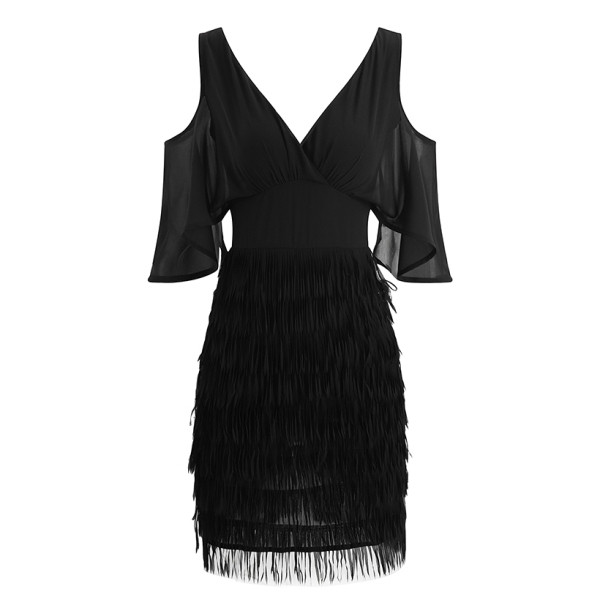 Модерна къса черна рокля с тюл и ресни