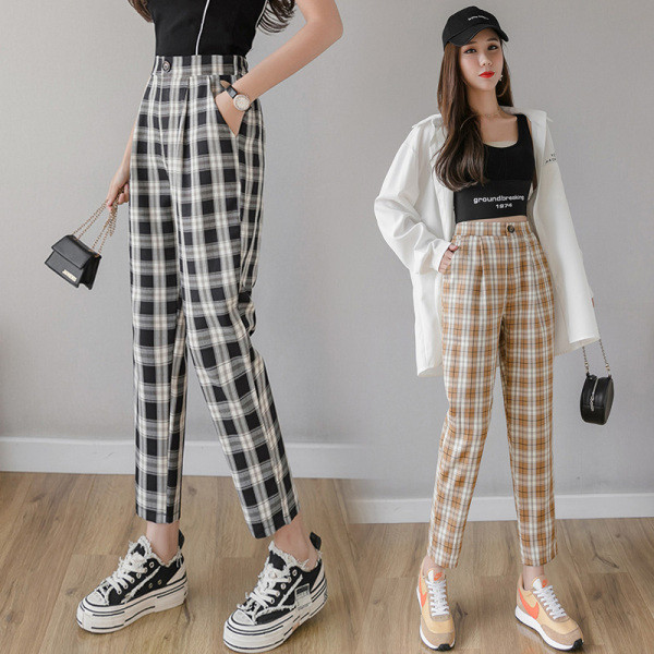 Кариран дамски панталон с висока талия и джобове