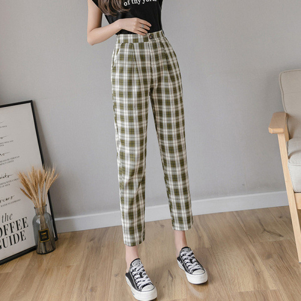 Кариран дамски панталон с висока талия и джобове