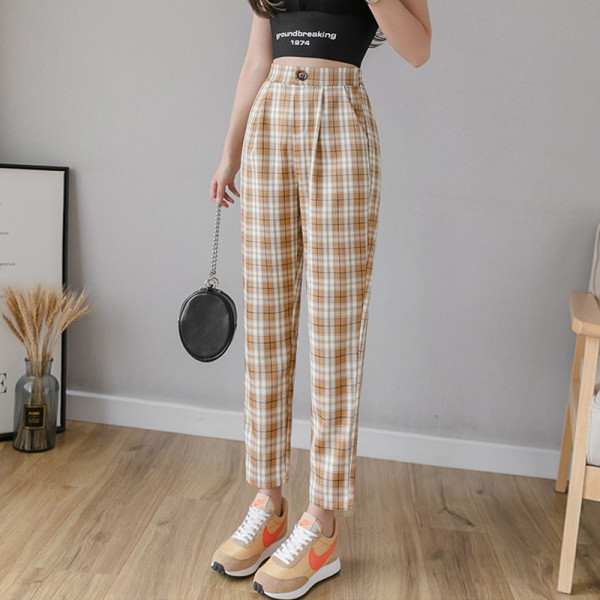 Кариран дамски панталон с висока талия и джобове