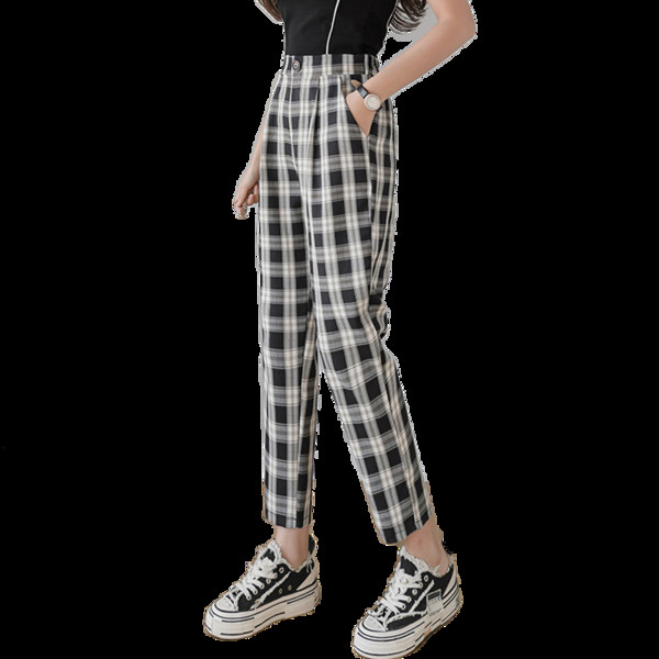 Кариран дамски панталон с висока талия и джобове