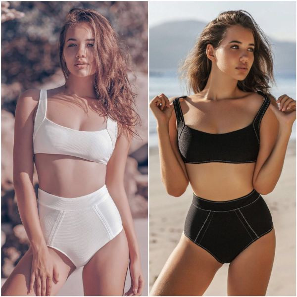 Дамски бански костюм от две части с горнище тип бюстие и долнище с висока талия