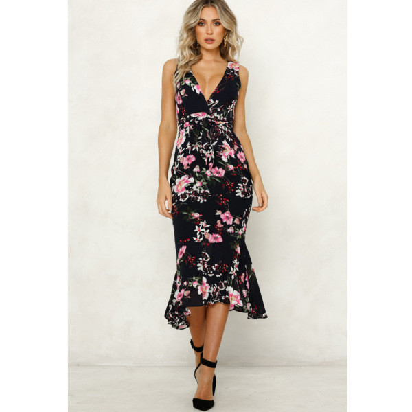 Ежедневна дамска дълга рокля с дълбоко деколте и флорални мотиви 