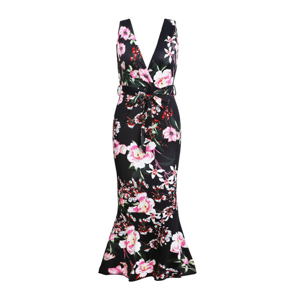 Ежедневна дамска дълга рокля с дълбоко деколте и флорални мотиви 