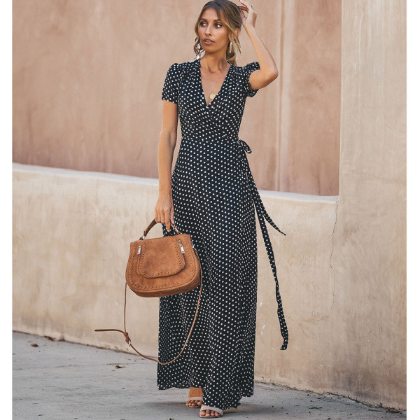 Ежедневна дамска дълга рокля с къс ръкав на точки 