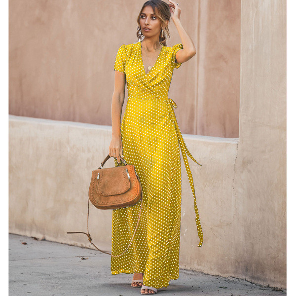 Ежедневна дамска дълга рокля с къс ръкав на точки 