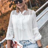 Ikdienas sieviešu krekls ar lenti un mežģīnēm