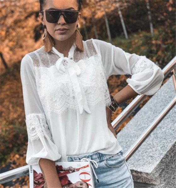 Ежедневна дамска риза с панделка и дантела 