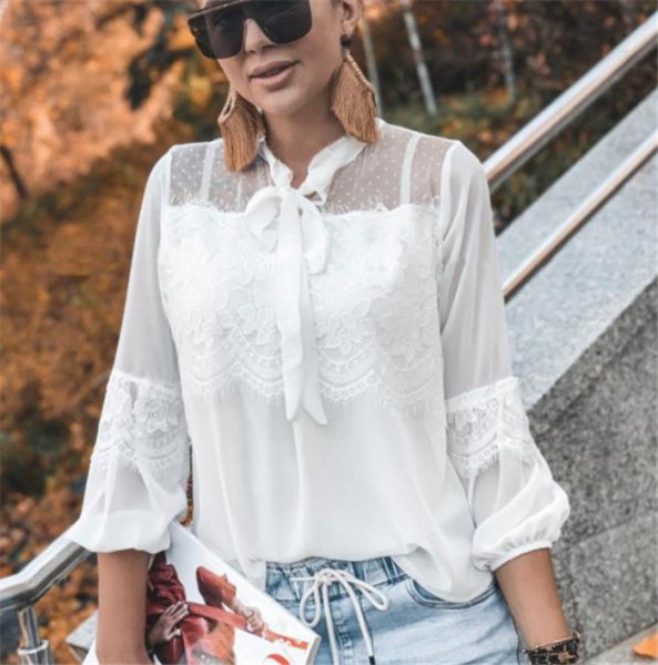 Ежедневна дамска риза с панделка и дантела 