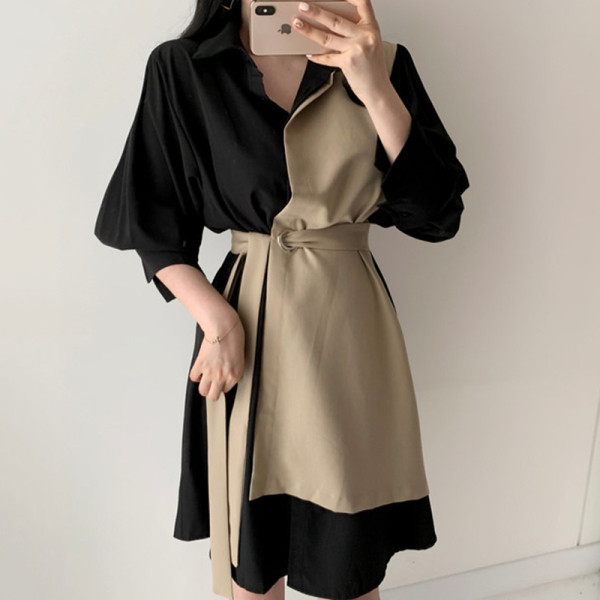 Нов модел дамска рокля с колан на талията и класическа яка 