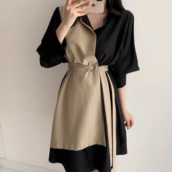 Нов модел дамска рокля с колан на талията и класическа яка 