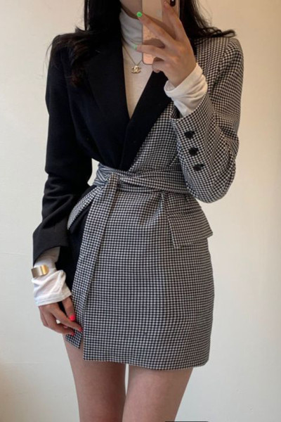 Дамско сако с шпиц деколте асиметричен модел с колан на талията 