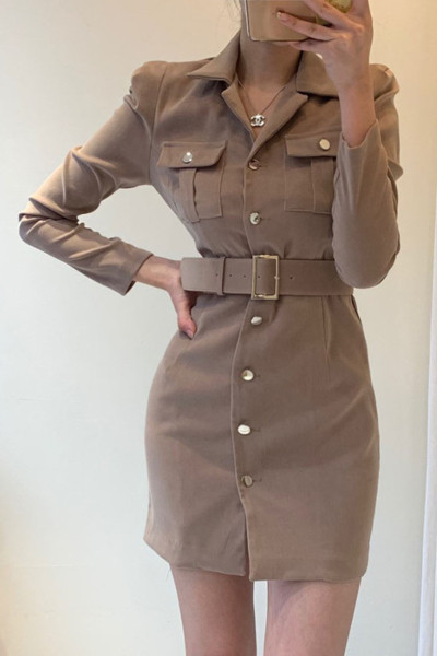 Дамска стилна рокля с класическа яка  и колан на талията 