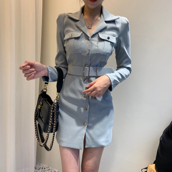 Дамска стилна рокля с класическа яка  и колан на талията 