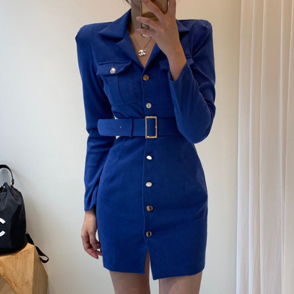 Дамска стилна рокля с класическа яка  и колан на талията 