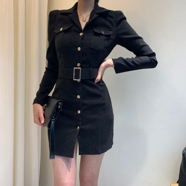 Дамска стилна рокля с класическа яка  и колан на талията 