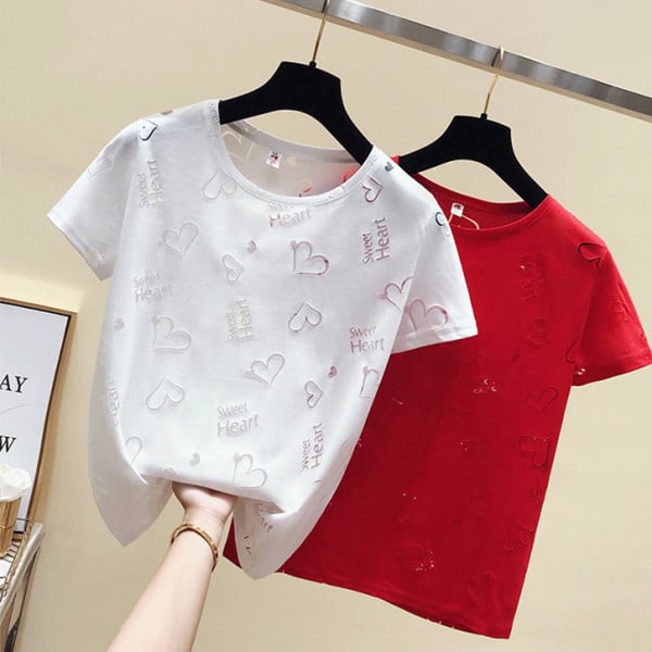 Tricou de damă modern cu mâneci scurte și inimioare transparente