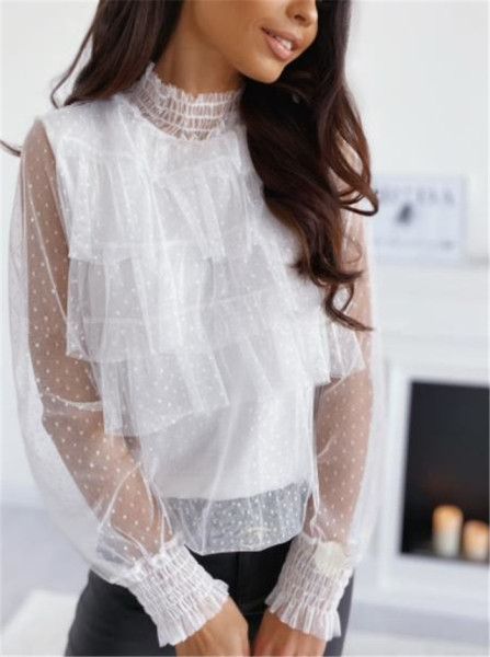 Стилна дамска риза с висока яка и ръкави от тюл