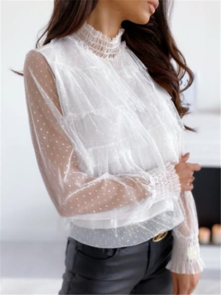 Стилна дамска риза с висока яка и ръкави от тюл