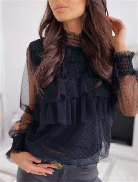 Стилна дамска риза с висока яка и ръкави от тюл