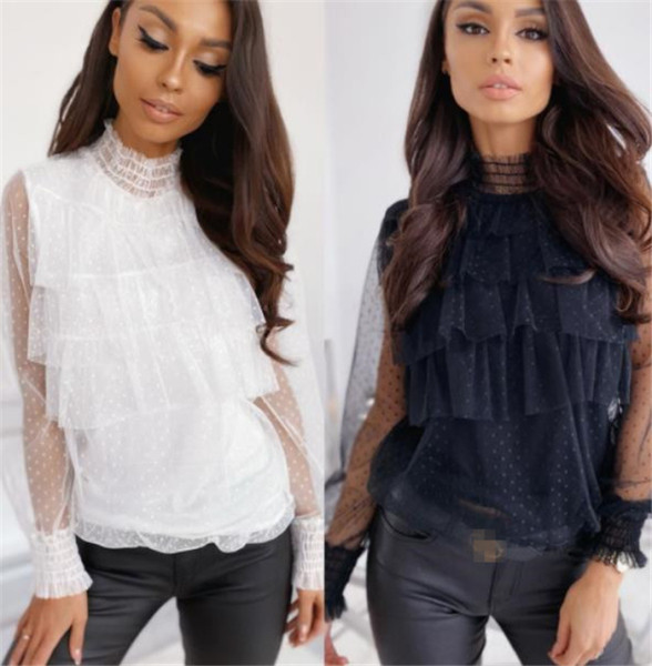 Стилна дамска риза с висока яка и ръкави от тюл