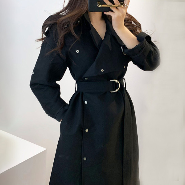 Дамско есенно-зимно палто с колан на талията -дълъг модел 