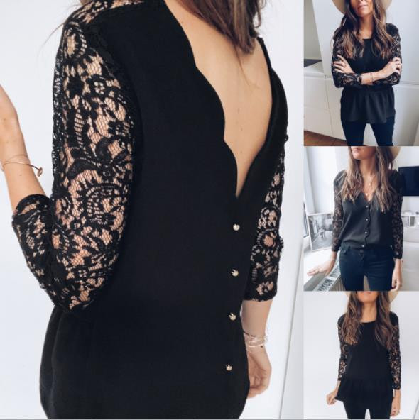 Стилна дамска риза с шпиц деколте и дантелени ръкави в черен цвят