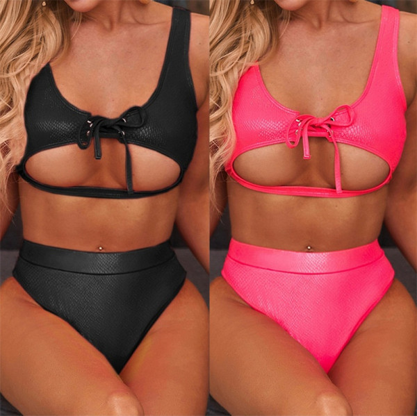 Нов модел бански костюм от две части с изрязана част и връзки