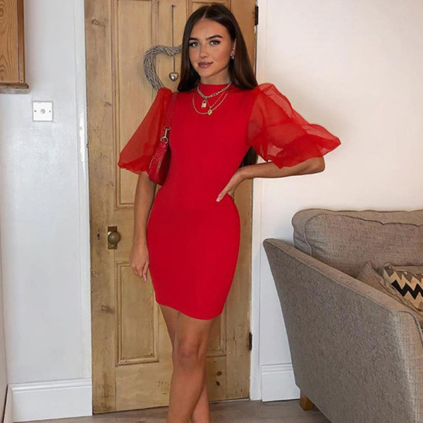 Модерна дамска къса рокля с буфан ръкав 