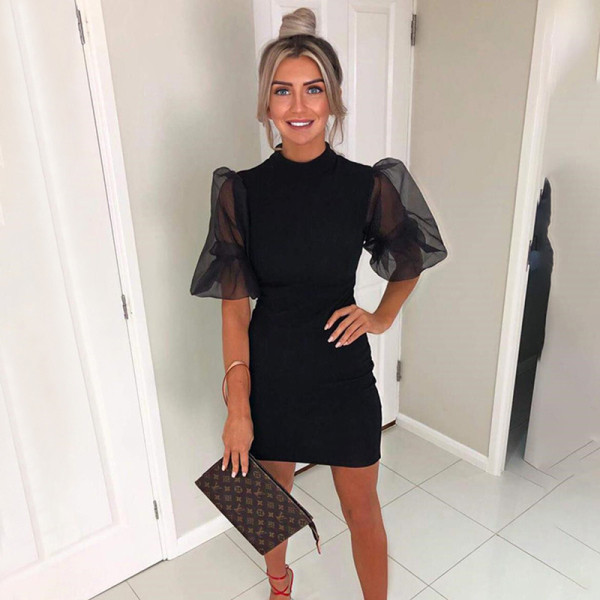 Модерна дамска къса рокля с буфан ръкав 