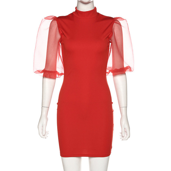 Модерна дамска къса рокля с буфан ръкав 