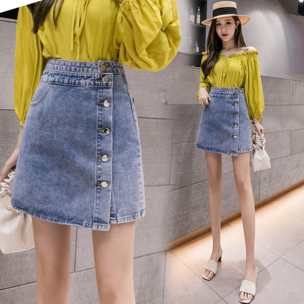 Модерна дамска дънкова пола с копчета и джобове