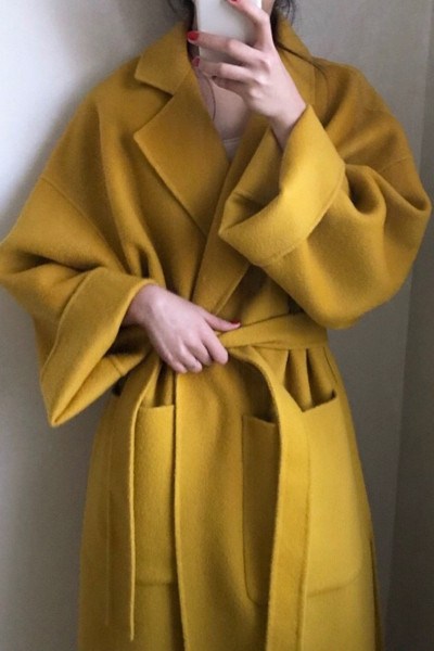 Стилно дамско палто с джобове и връзка на талията -дълъг модел 