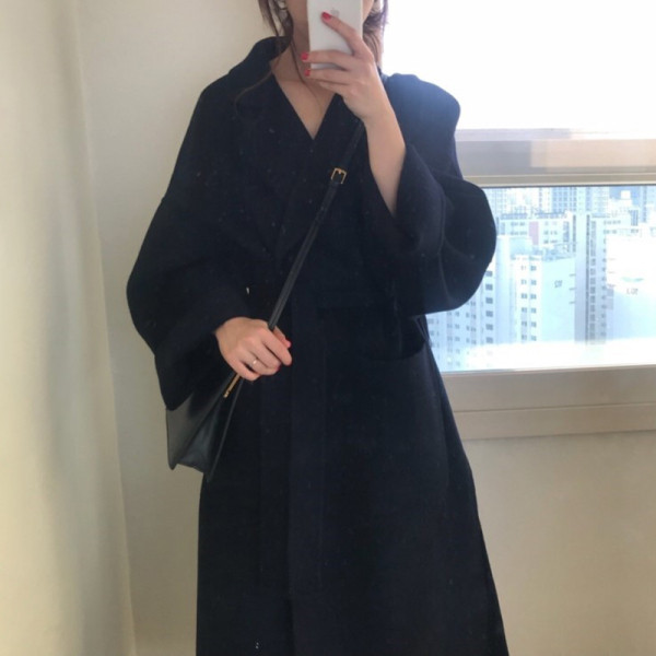 Стилно дамско палто с джобове и връзка на талията -дълъг модел 