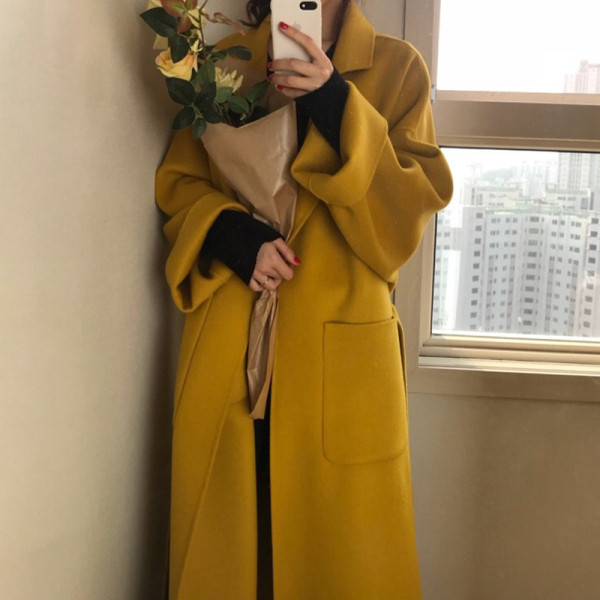 Стилно дамско палто с джобове и връзка на талията -дълъг модел 