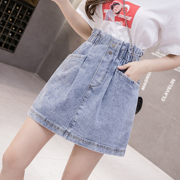 Дамска дънкова пола с джобове и еластична талия