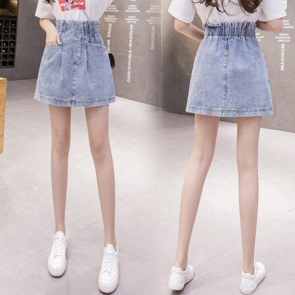 Дамска дънкова пола с джобове и еластична талия