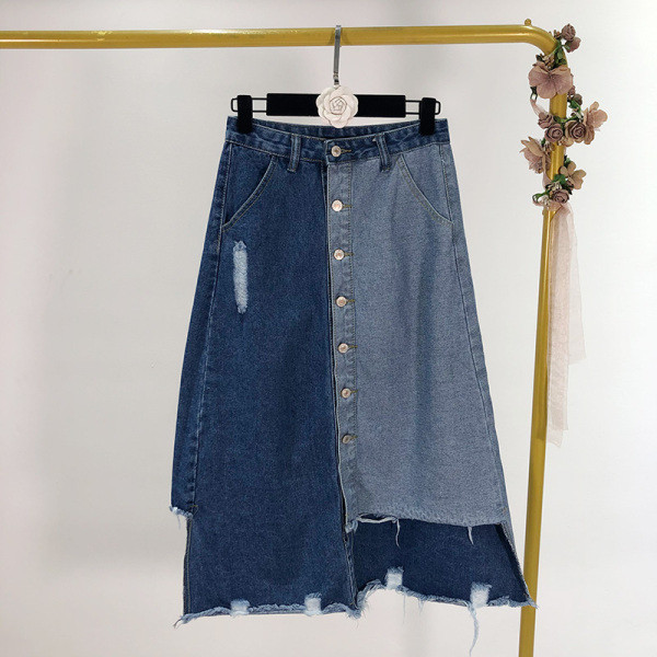 Нов модел дълга асиметрична дънкова пола с копчета и висока талия