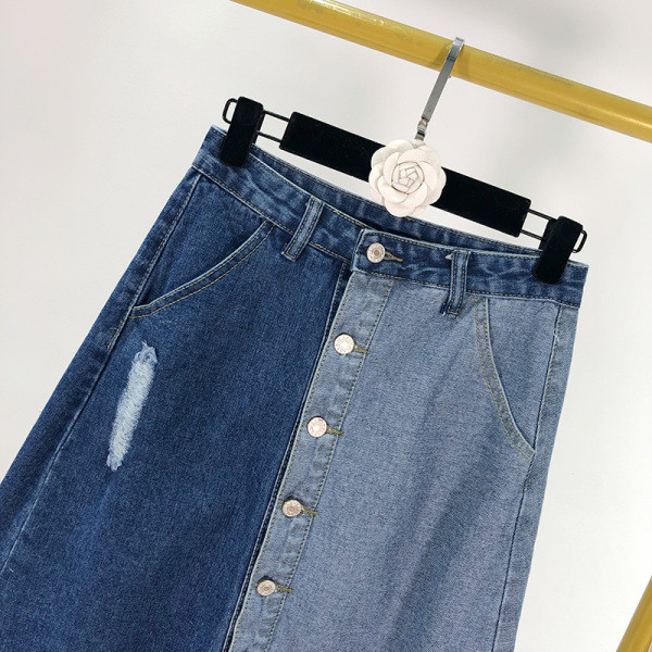 Нов модел дълга асиметрична дънкова пола с копчета и висока талия