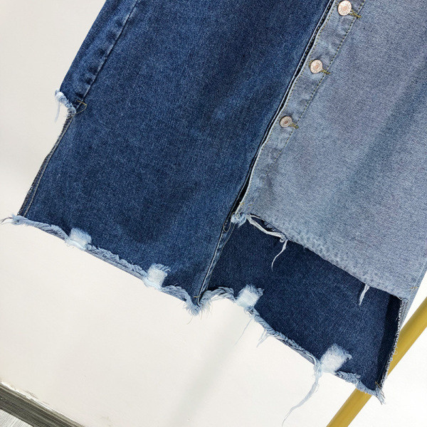 Нов модел дълга асиметрична дънкова пола с копчета и висока талия