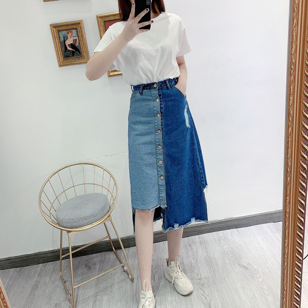 Нов модел дълга асиметрична дънкова пола с копчета и висока талия