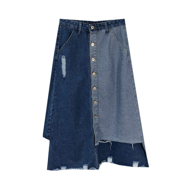 Нов модел дълга асиметрична дънкова пола с копчета и висока талия