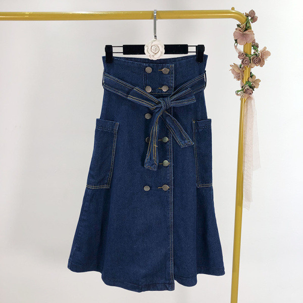 Разкроена дънкова пола с висока талия с копчета и джобове