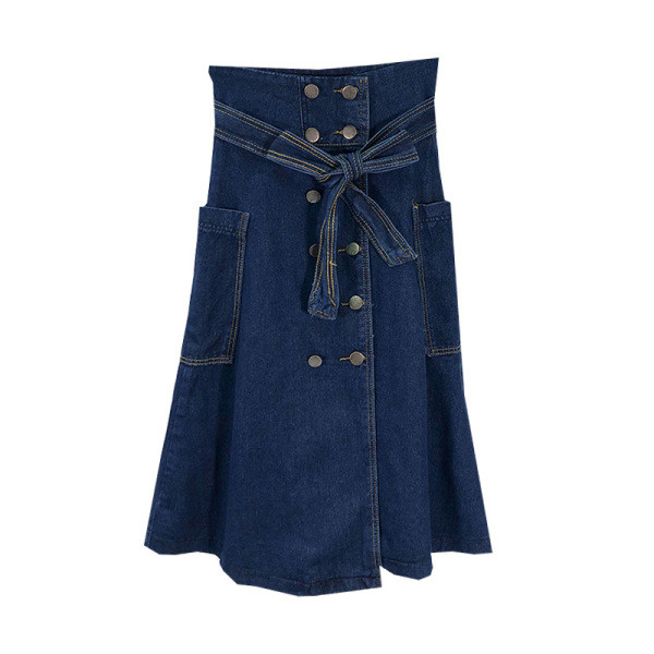 Разкроена дънкова пола с висока талия с копчета и джобове