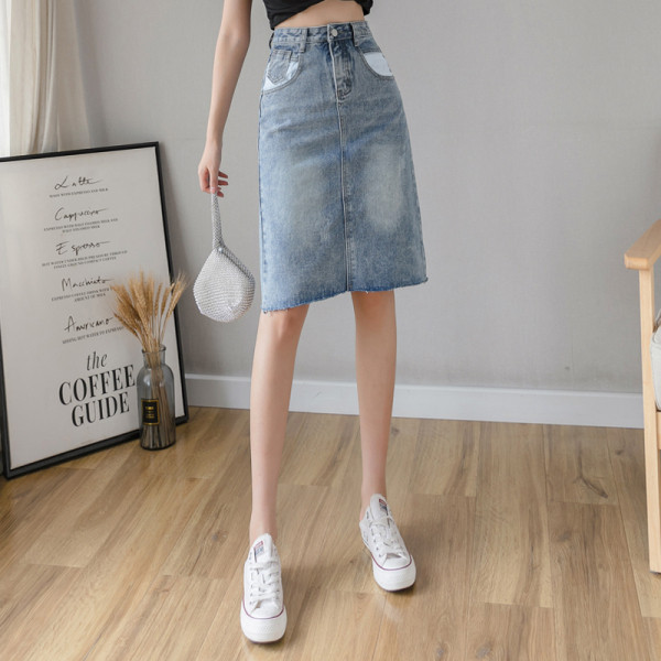 Дънкова дамска пола с висока талия и джобове