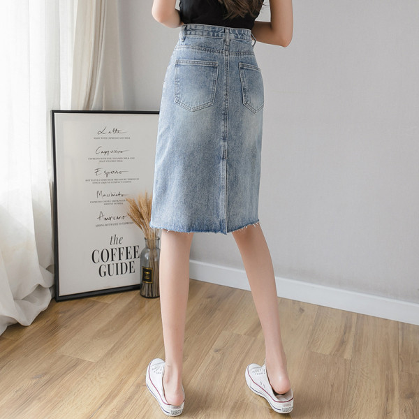 Дънкова дамска пола с висока талия и джобове