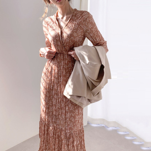 Rochie casual de dama cu talie elastica si maneci lungi